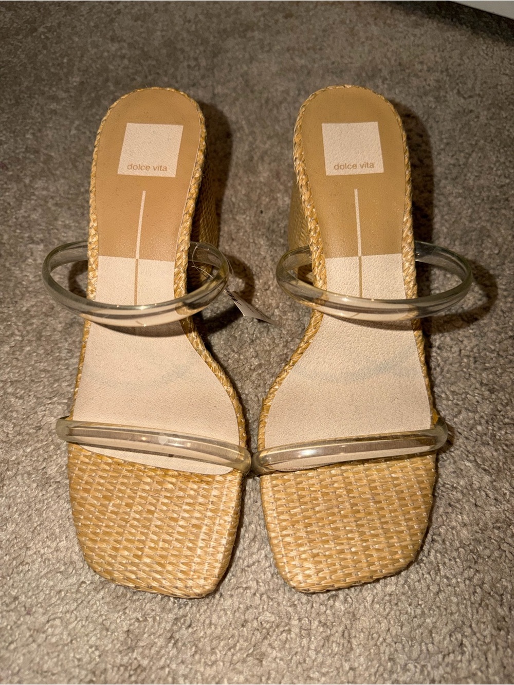 Dolce Vita Clear Double-Strap Woven Mules in Natural Tan